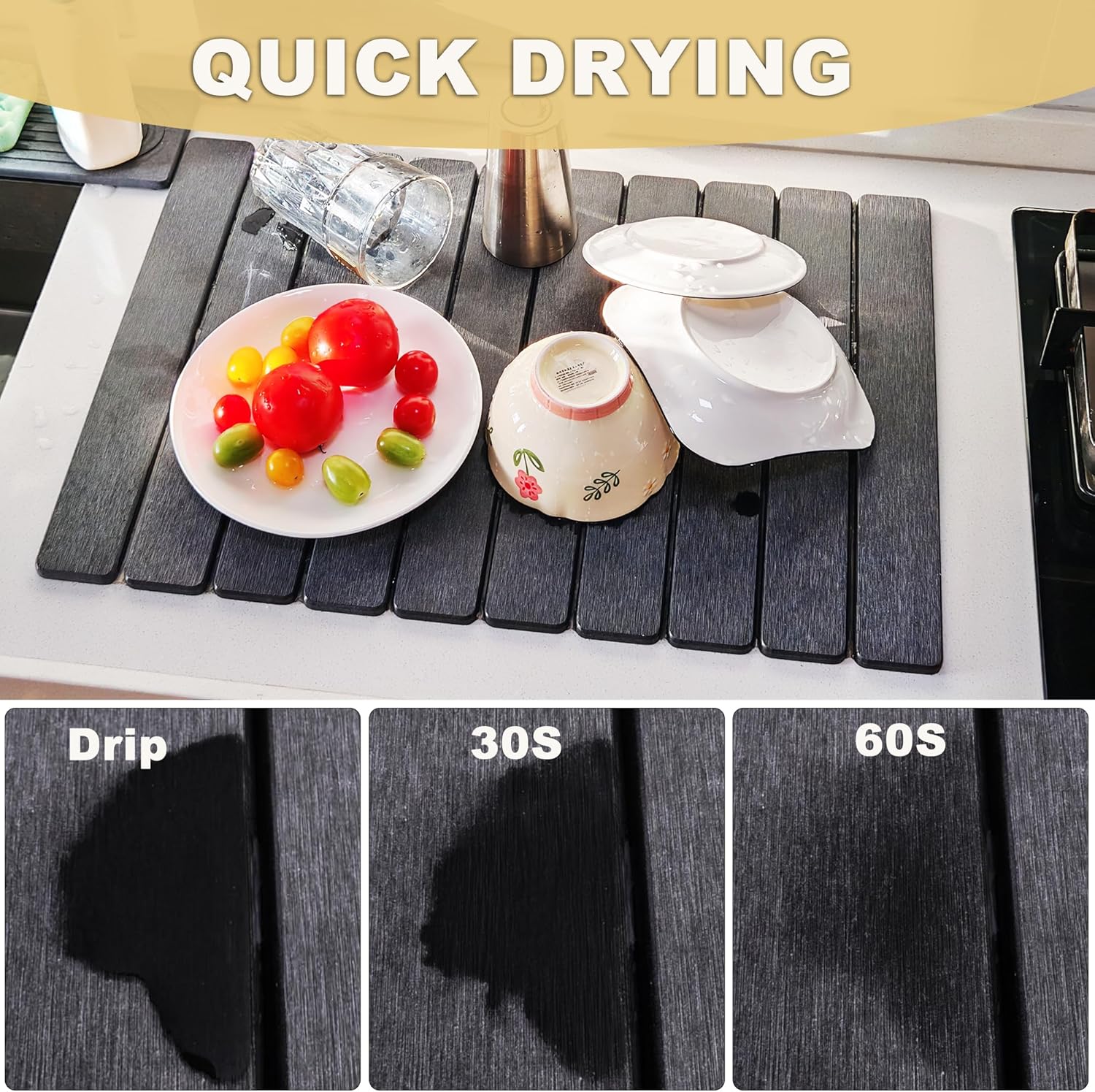 Stone Drying Mat for Kitchen Counter, 24"L x 16" W Quick Stone Dish Drying Mat Diatomaceous Earth Super Fast Absorbent Collapsible Countertop Kitchen Mats Grey