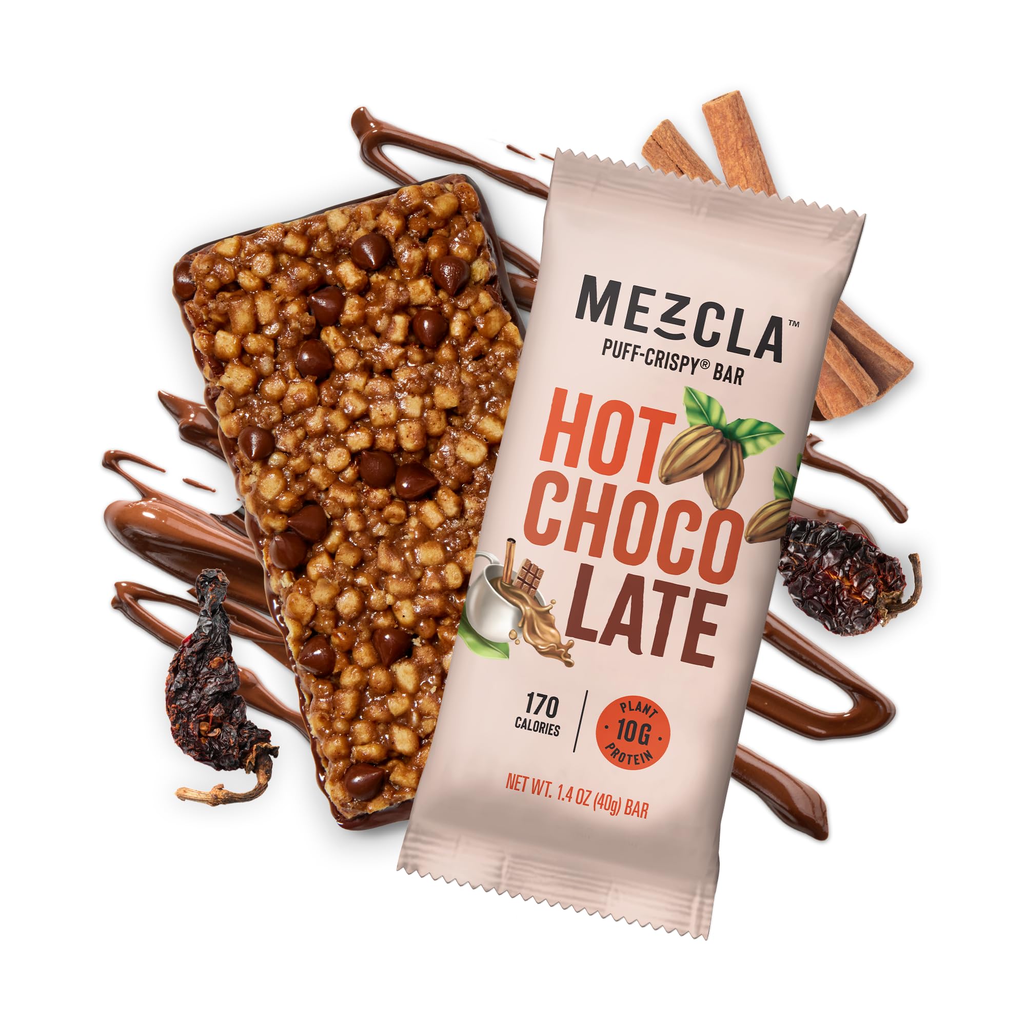 Mezcla Puff-Crispy Protein Bar, Hot Chocolate, Vegan, Gluten Free, Plant Protein Energy Bar