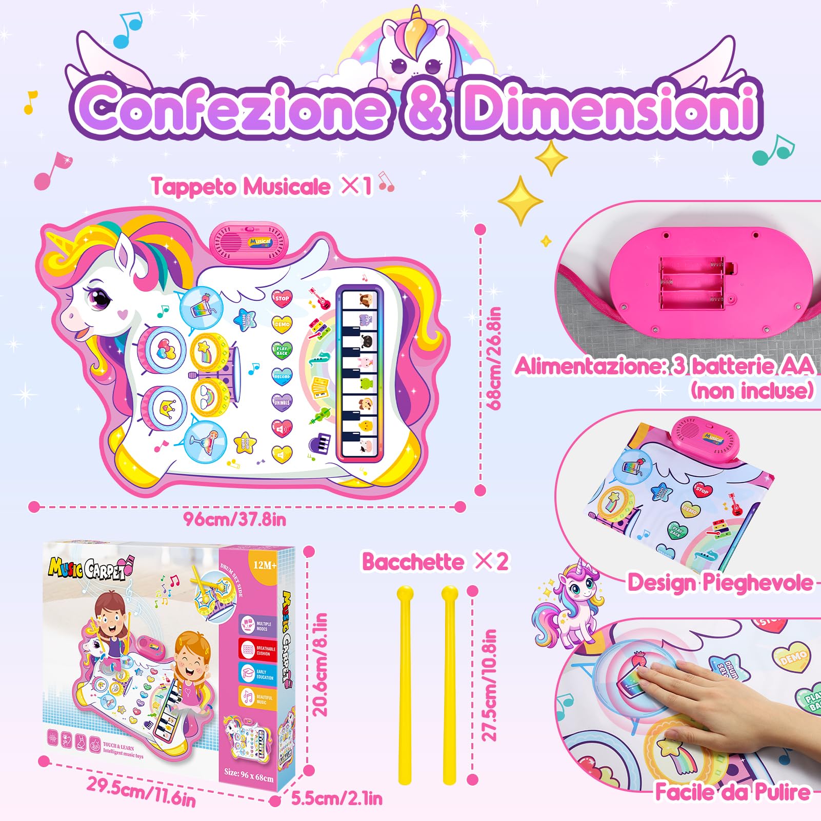 Gralal Giochi Bambina 1 2 Anni, Tappeto Musicale 3 in 1 Con 6 Strumenti E Registrazione Unicorno Regalo Giochi Gioco Bambina 1-2 Anno, Giocattoli Interattivi Regalo Bimba 1-3 Anni