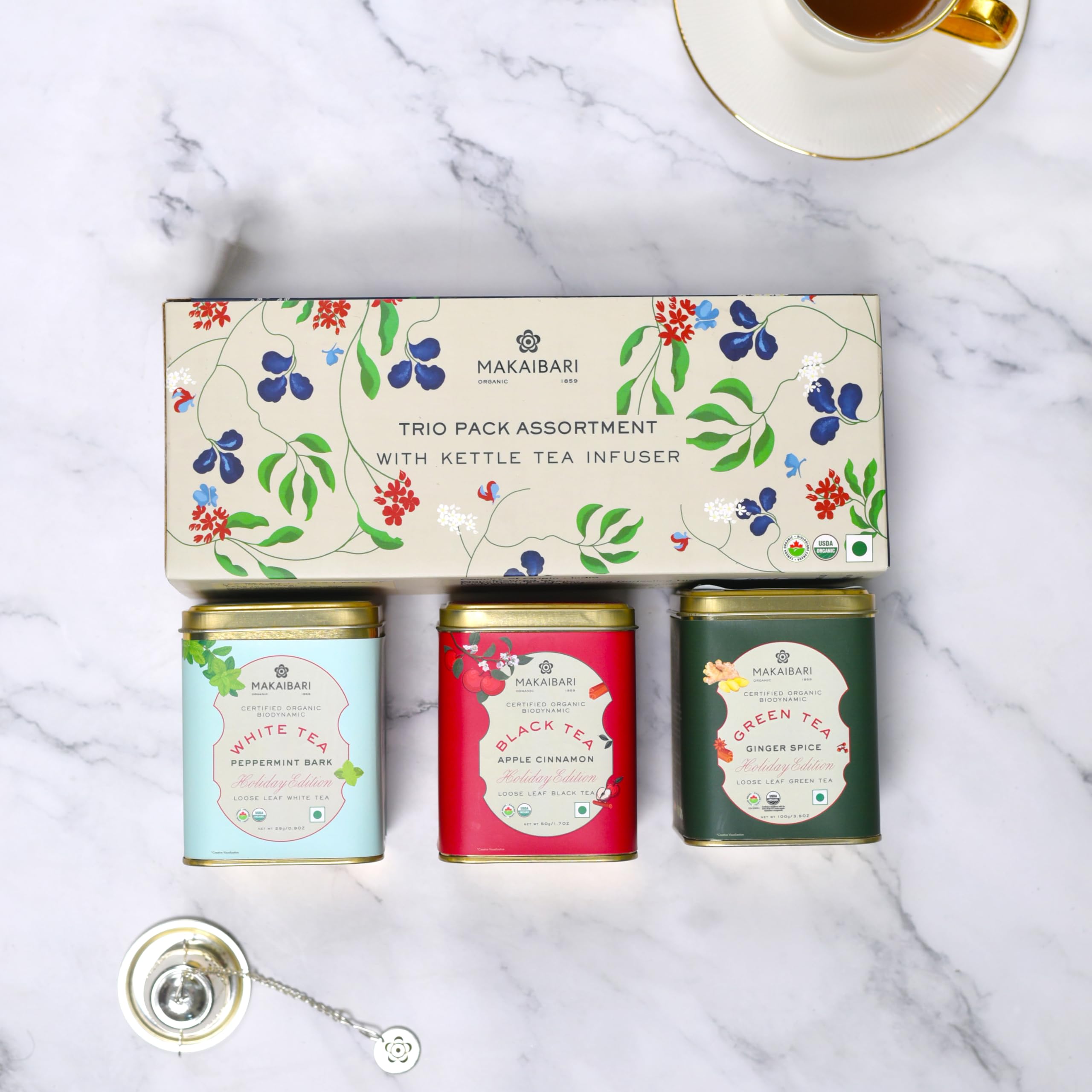 Makaibari Holiday Edition Trio Pack With Infuser | Apple Cinnamon Black | Ginger Spice Green | White Peppermint Bark | USDA Certified | Luxury Tea Gift Box | Wellness Gift Pack 1
