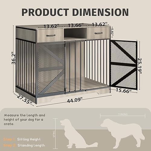 Miniatura 3 de Mueble grande de 44 pulgadas para jaula para perros, soporte de madera resistente para TV con 2 cajones, muebles decorativos multifuncionales para