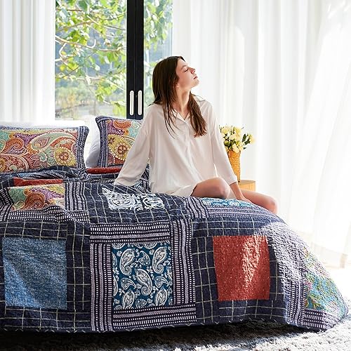 Miniatura 8 de Secgo Edredón tamaño King juego de ropa de cama 100% algodón (98 x 106 pulgadas) con 2 fundas de almohada, colcha ligera reversible de retazos,