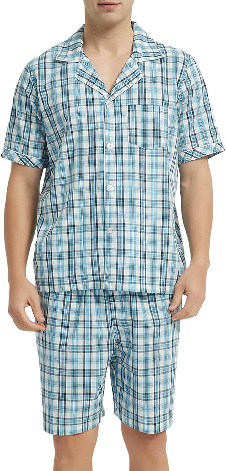 Vulcanodon Mens Cotton Pajama Set Short Sleeve, Button Down Pajama Set for Men Lightweight Men's Sleepwear