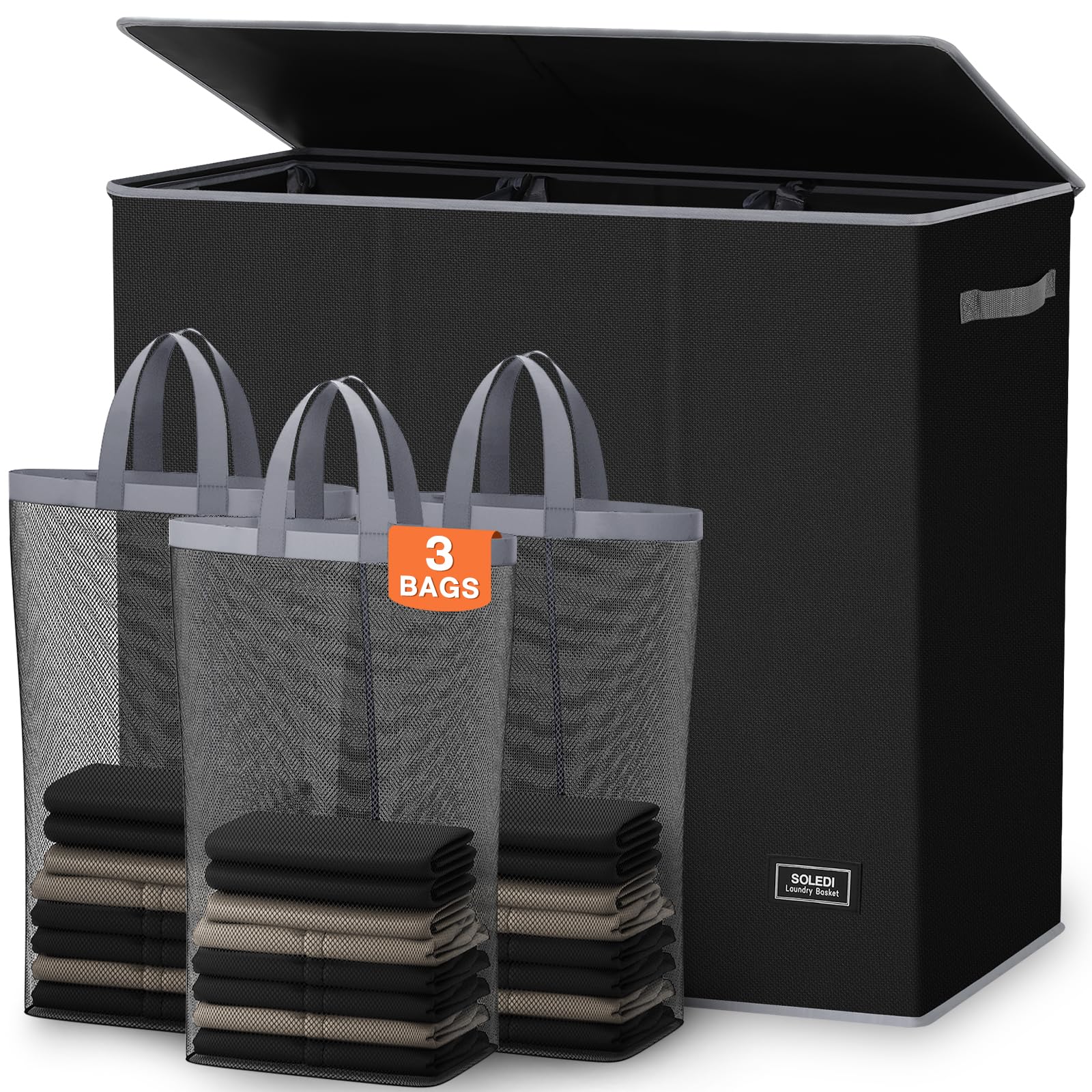Large 3-Section Laundry Hamper - 180L Black -1