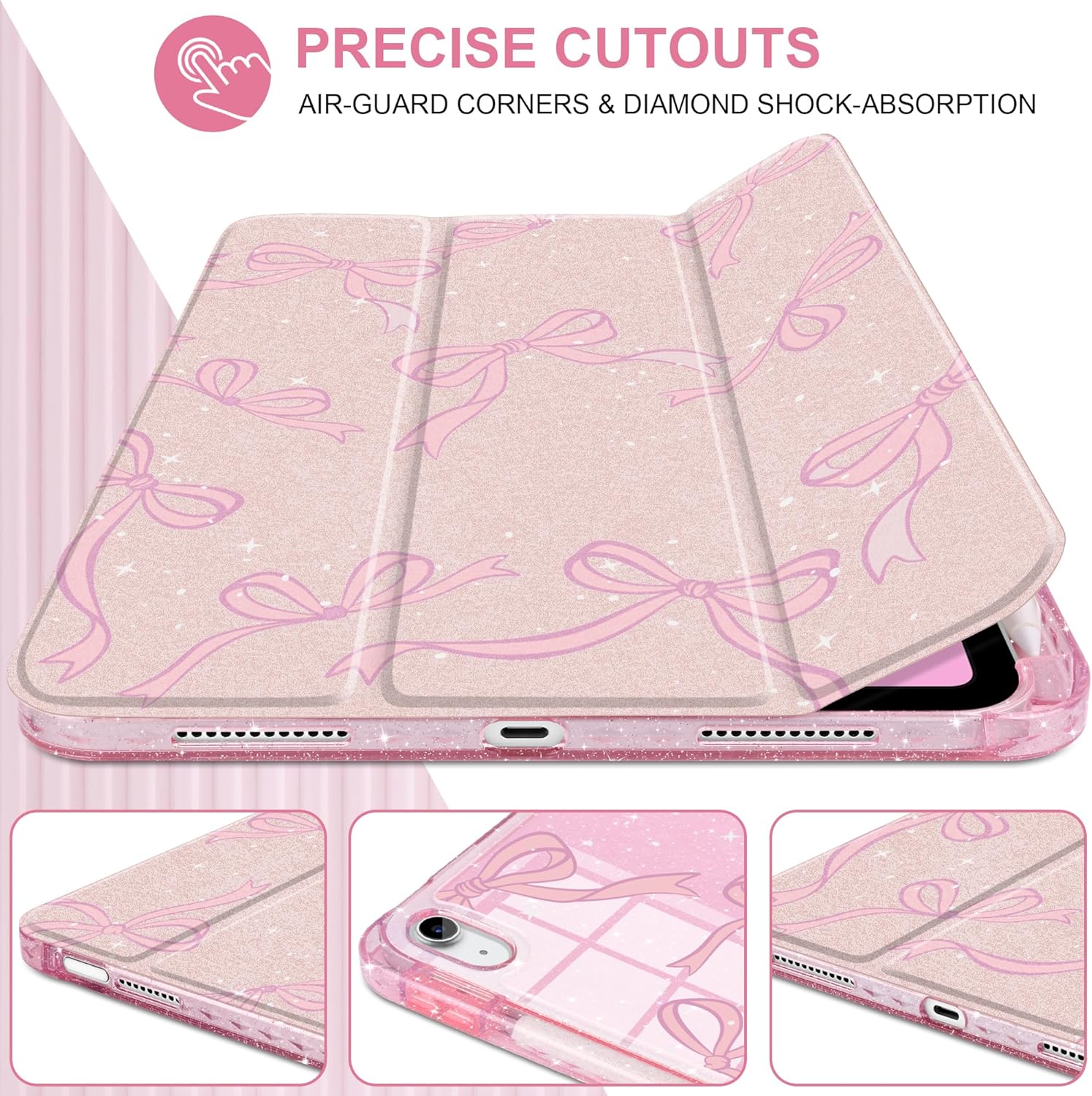 TWOLSKOO Sparkly Case for iPad Pro 11 inch (M5 2025 / M4 2024), Glitter Hard Acrylic Back with Pencil Holder, Slim Trifold Stand Folio Cover, Auto Sleep/Wake, Pink Bows