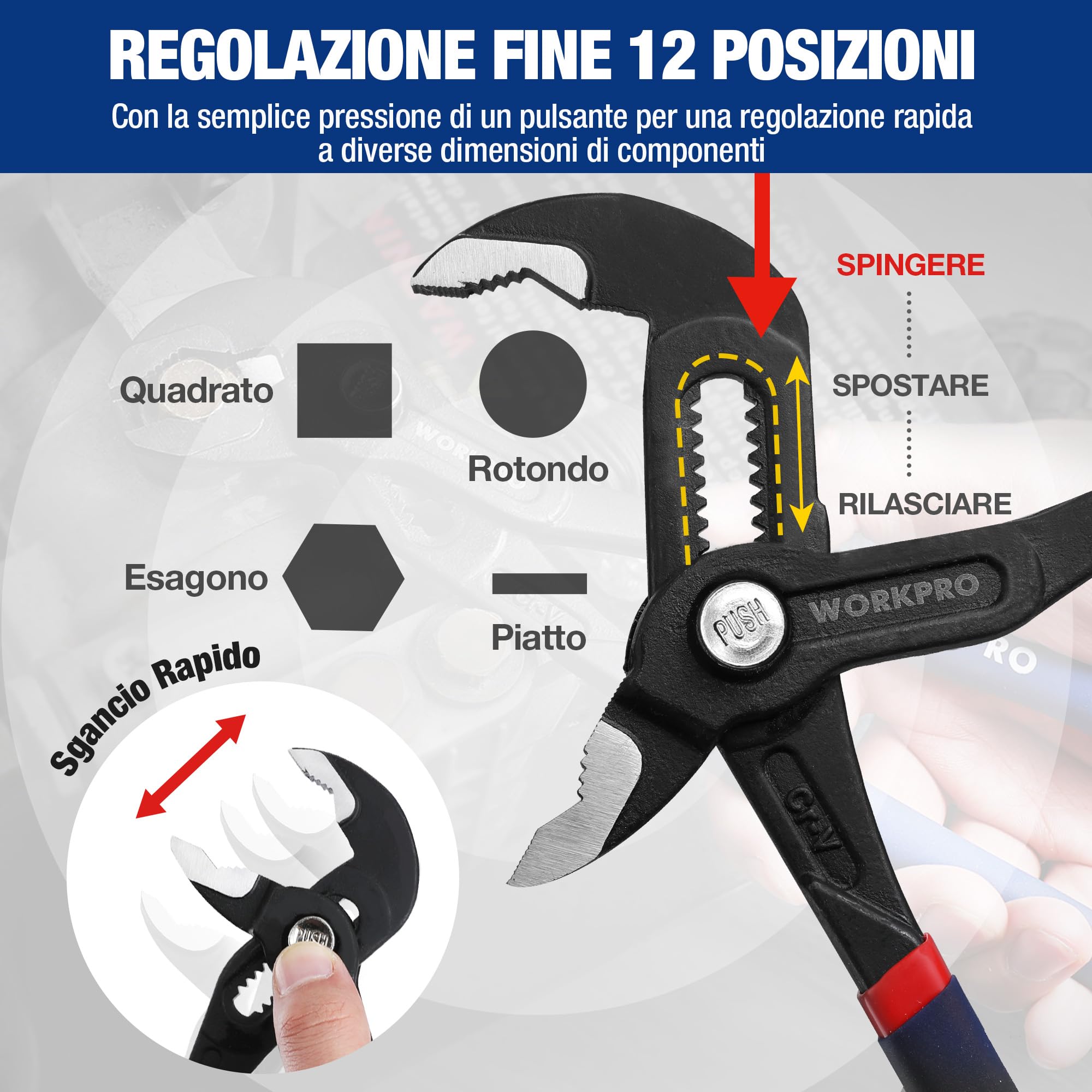 WORKPRO Pinze Regolabili per Tubi e Dadi 250mm, Pinza a Pappagallo a Regolazione Rapida, con Comoda Impugnatura