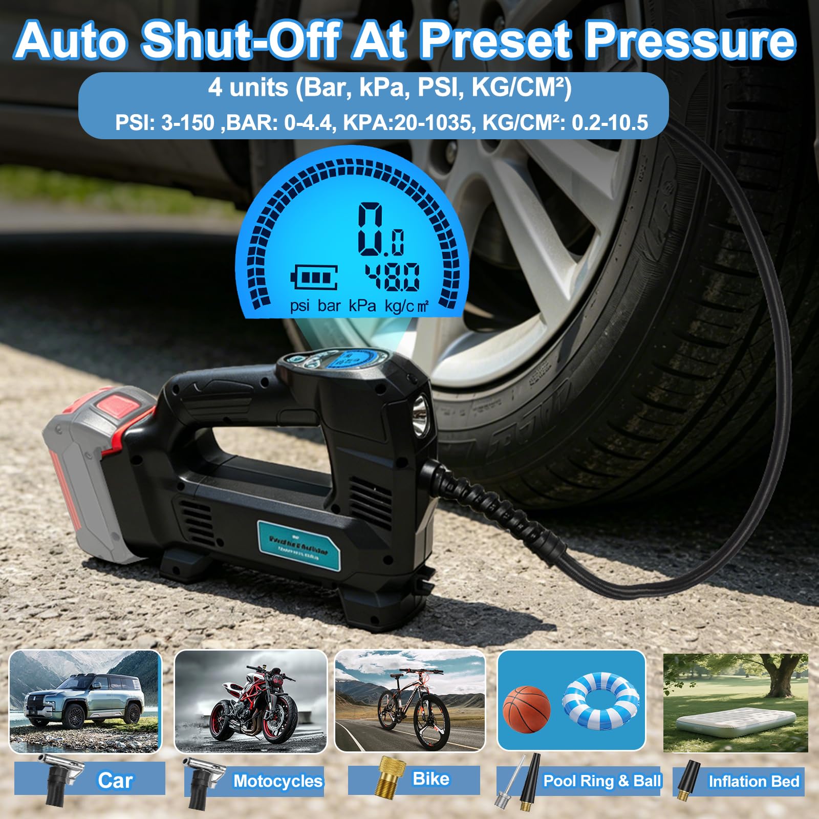 Powarobor Akku-Luftpumpe kompatibel mit Bosch 18V GBA/GBA ProCORE Akku,10,3bar Kompressor/Elektropumpe für Auto/Motorrad/Fahrrad/Bälle/150 PSI,automatische Abschaltung, LED,Echtzeitmessung (ohne Akku)