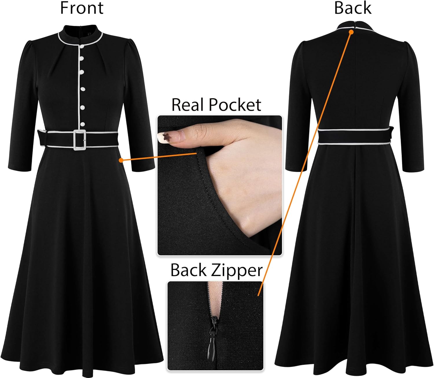 VFSHOW Womens 2024 Business Work Office 3/4 Sleeve Pockets Belted Buttons Elegant Fit and Flare A-Line Dress