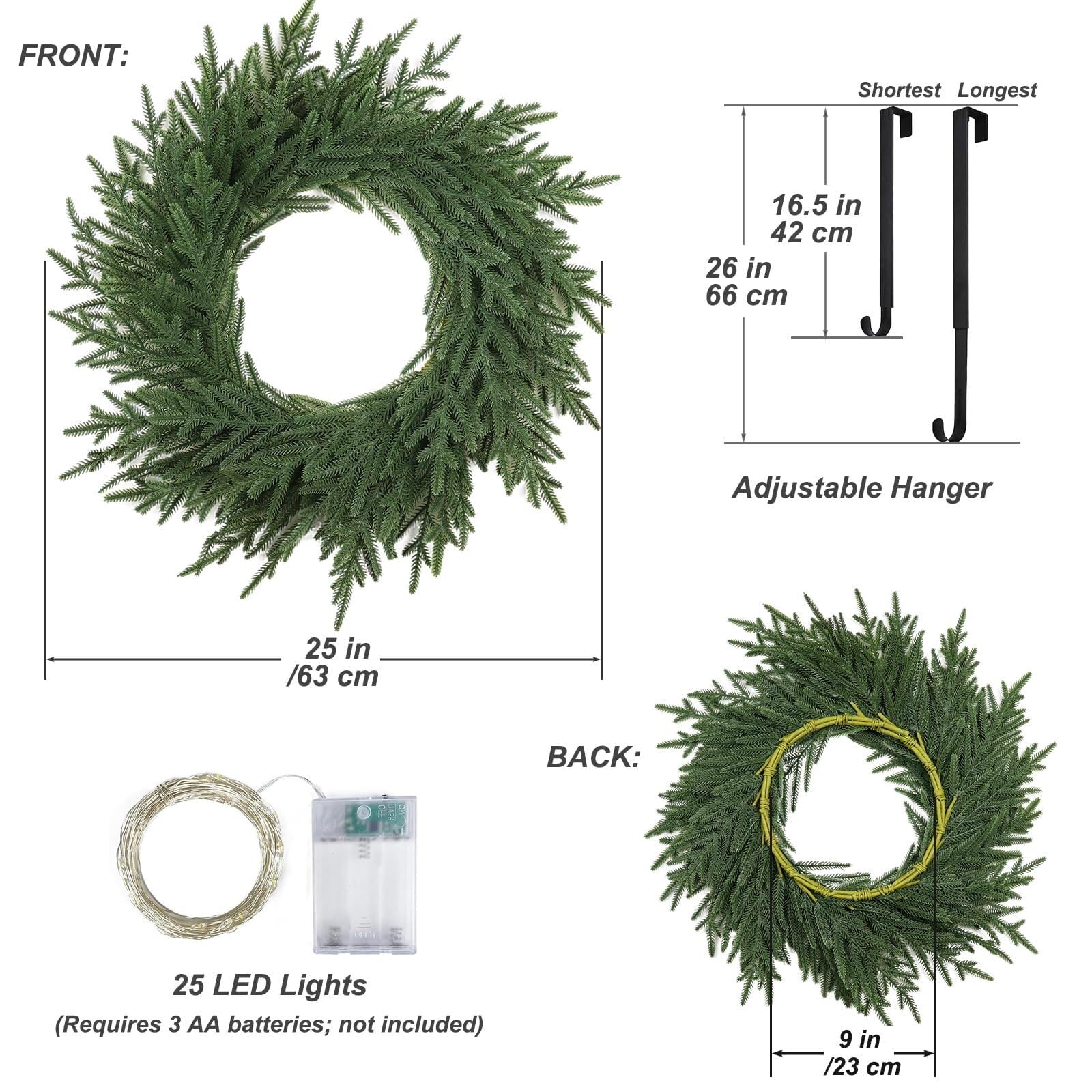 Corona de Navidad de 25 pulgadas para puerta delantera, ramas de pino artificial de tacto real, decoración de pared interior