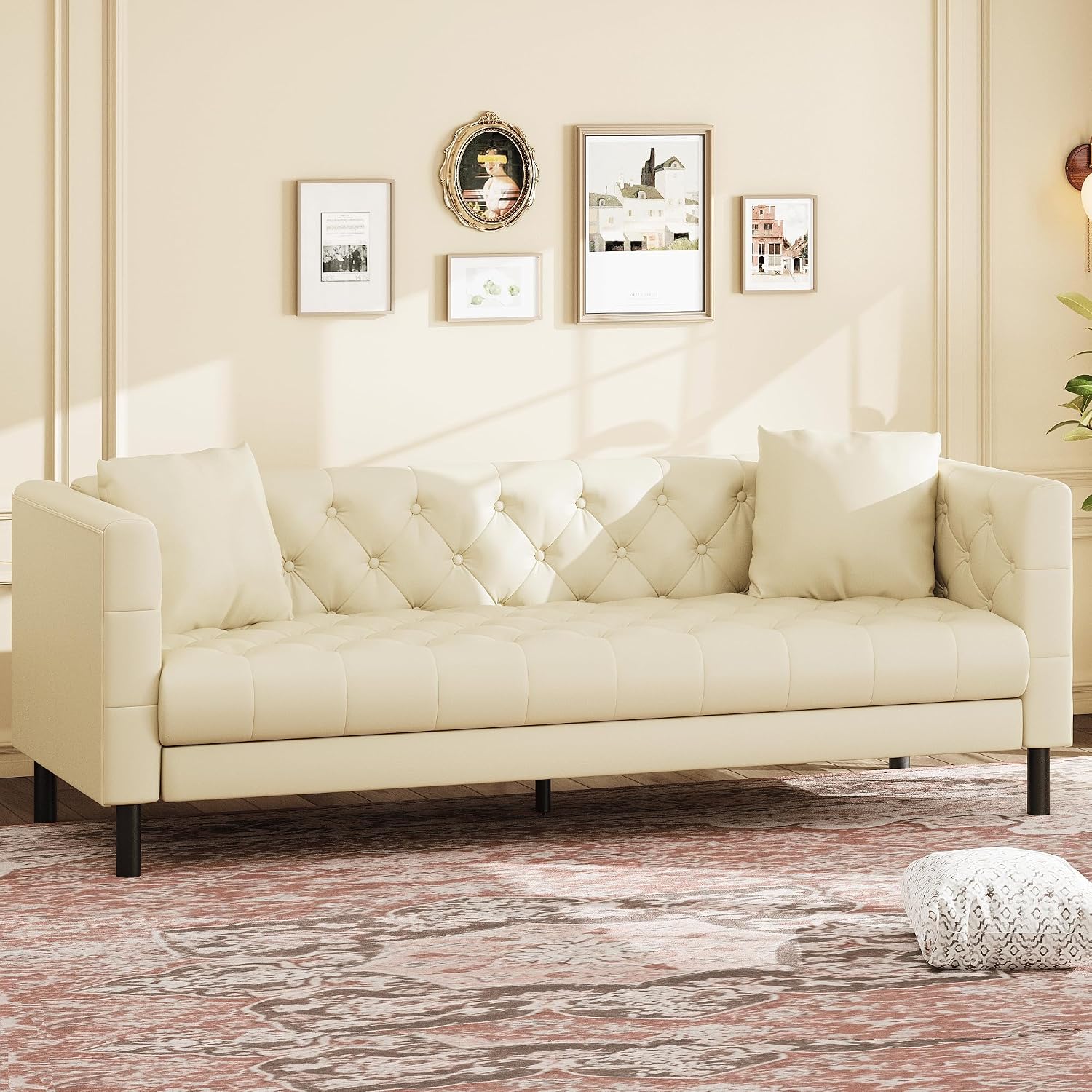 IDEALHOUSE 81" Mid-Century Modern Leather Sofa for Living Room, Chesterfield Sofa with Deep Seats and 2 Pillows, 3 Seater Couch with Button Tufted, Leather Couch for Apartment, Office, Beige
