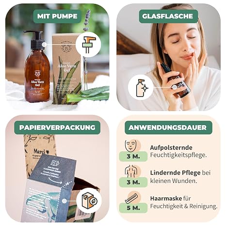 BIONOBLE Aloe Vera Gel 100 Prozent Bio - Gesicht Haare After Sun - 200ml 97% Reines Blattgel mit Lavendelöl - Spendet Feuchtigkeit - Vegan Aloe Vera Spray Aloe Vera Creme - Glasflasche Pumpe