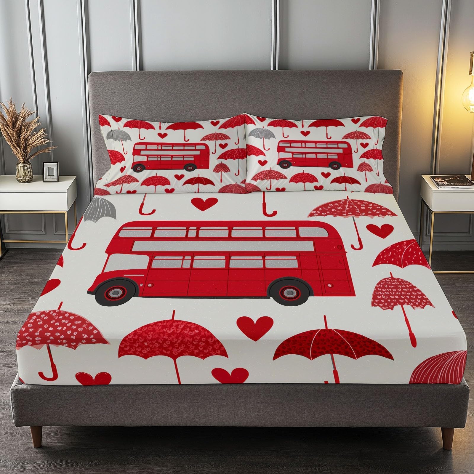 Small Double Fitted Sheets, Soft Microfibre Fitted Bed Sheets, Fade Resistant Deep Pocket 30cm Fitted Sheet 120 x 200 cm, Modern London Bus Romantic Prints Bedsheets White