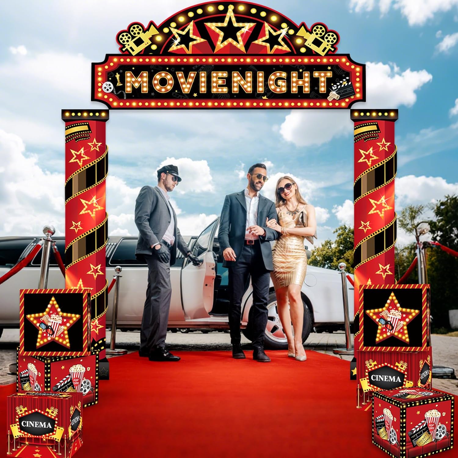 10 Pcs Movie Themed Party Decorations Porch Sign Banner with 6 Movie Party Decor Boxes, Movie Night Decorations Red Carpet Party Decoration for Home Film Backdrop, Birthday Supplies