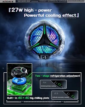 ACEDAYS iPad Cooler,Magnetic Tablet Cooler for ipad/Surface pro/Samsung Tab,iPad Cooing Fan with Temperature Display for Mobile Gaming,Tiktok Live Streaming (Green Mech+3 pcs Magnetic Suction Sheet)