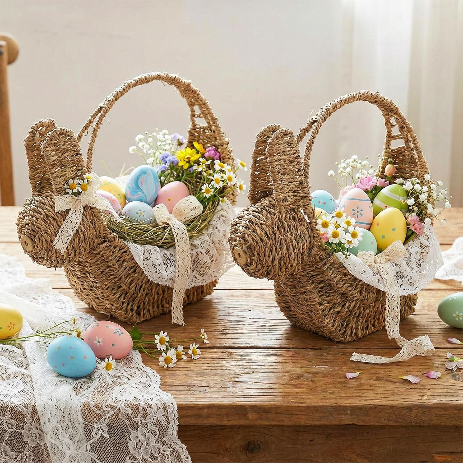 Suzile 2 Pcs Easter Bunny Seagrass Basket Bunny Woven Basket with Handle Rabbit Wicker Rattan Candy Eggs Tray Picnic Hamper for Kitchen Easter Table Party Decoration Storage, 10 x 10 x 5.5 Inches