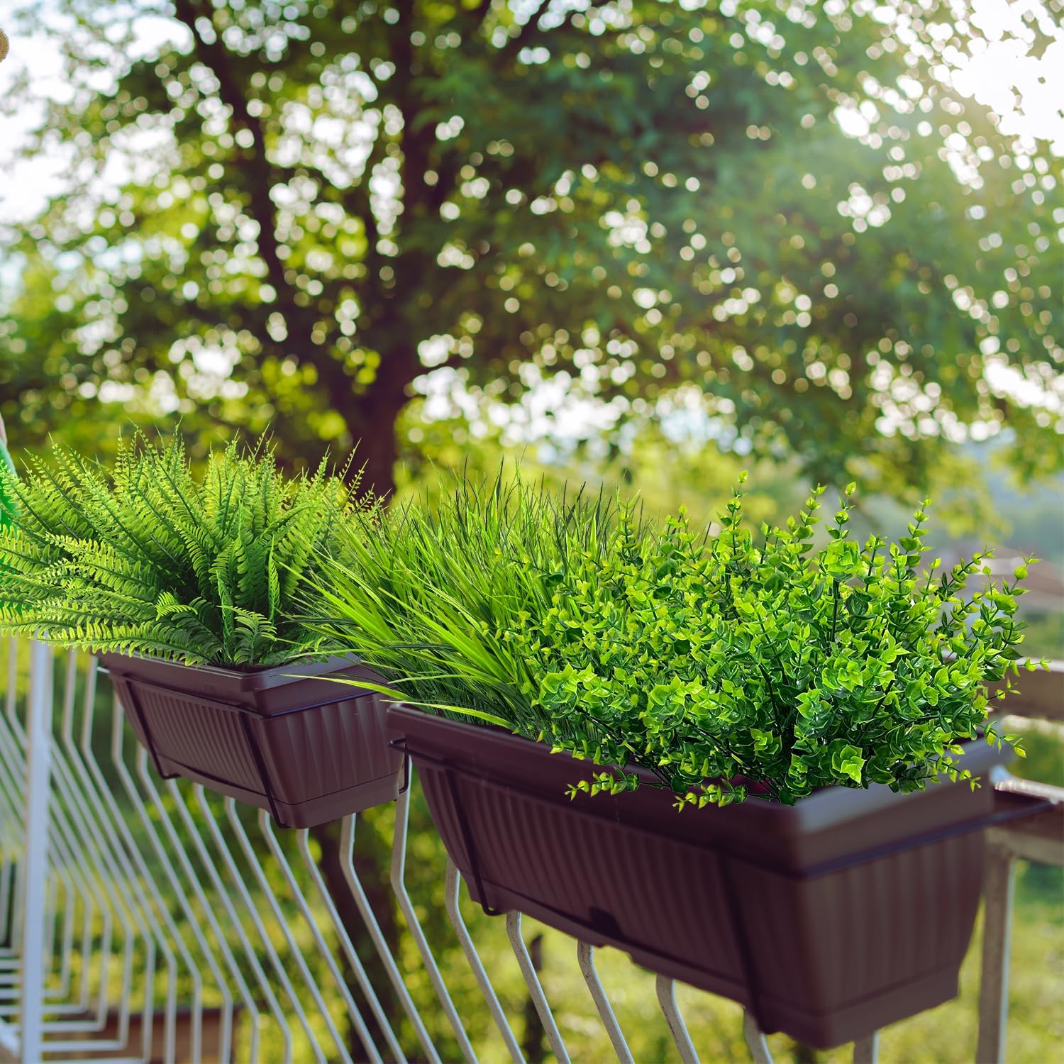 24 Bundles Artificial Plants, Fake Boston Fern Grass Eucalyptus Greenery Outdoor UV Resistant No Fade Faux Plastic Plants Garden Porch Window Box Decorations