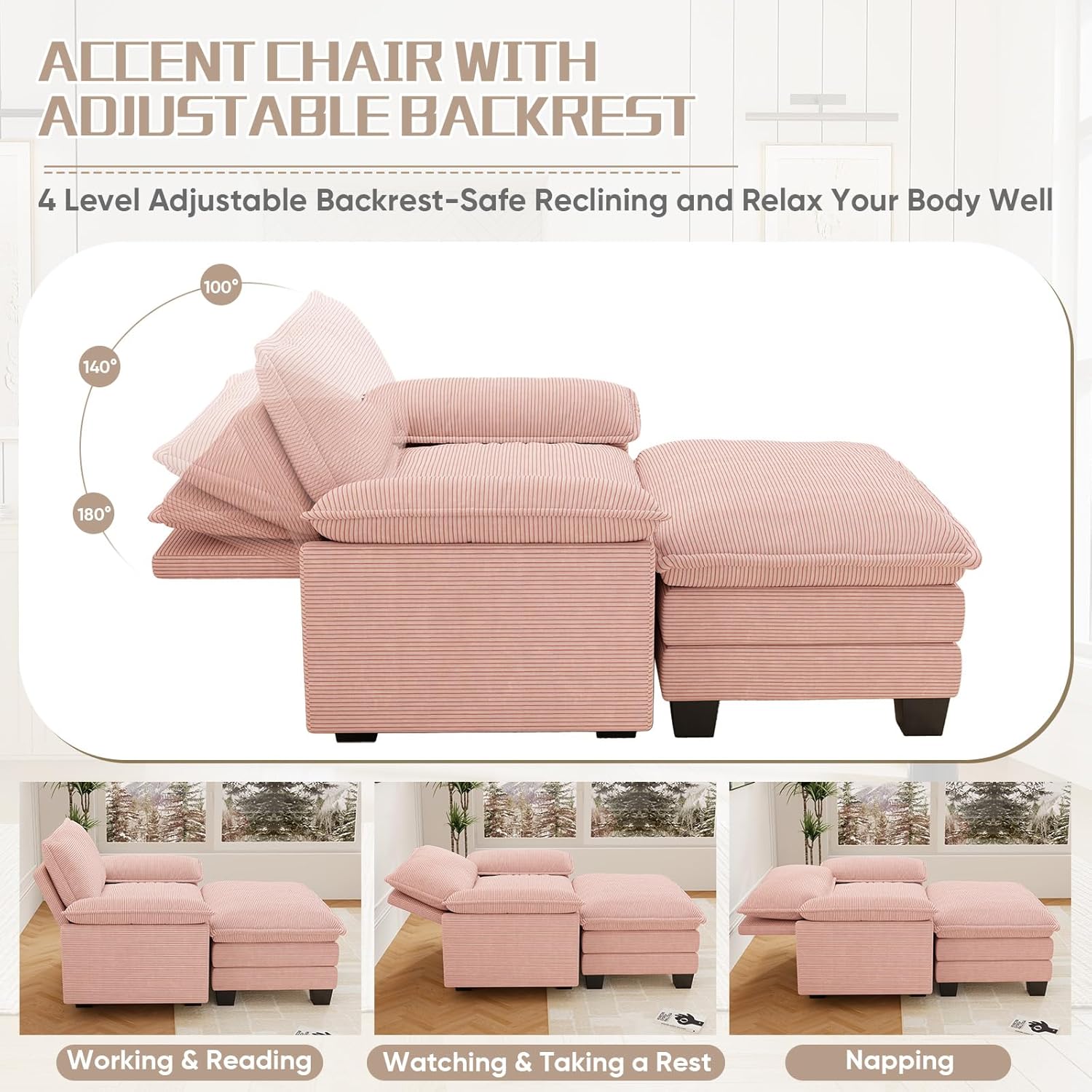 Chaise Lounge Chair Indoor, Oversized Accent Chairs with Ottoman, Luxury Corduroy Upholstered Deep Seat Sleeper Sofa Reading Chairs and A Half with Pillows for Living Room, Bedroom, Apartment, Pink