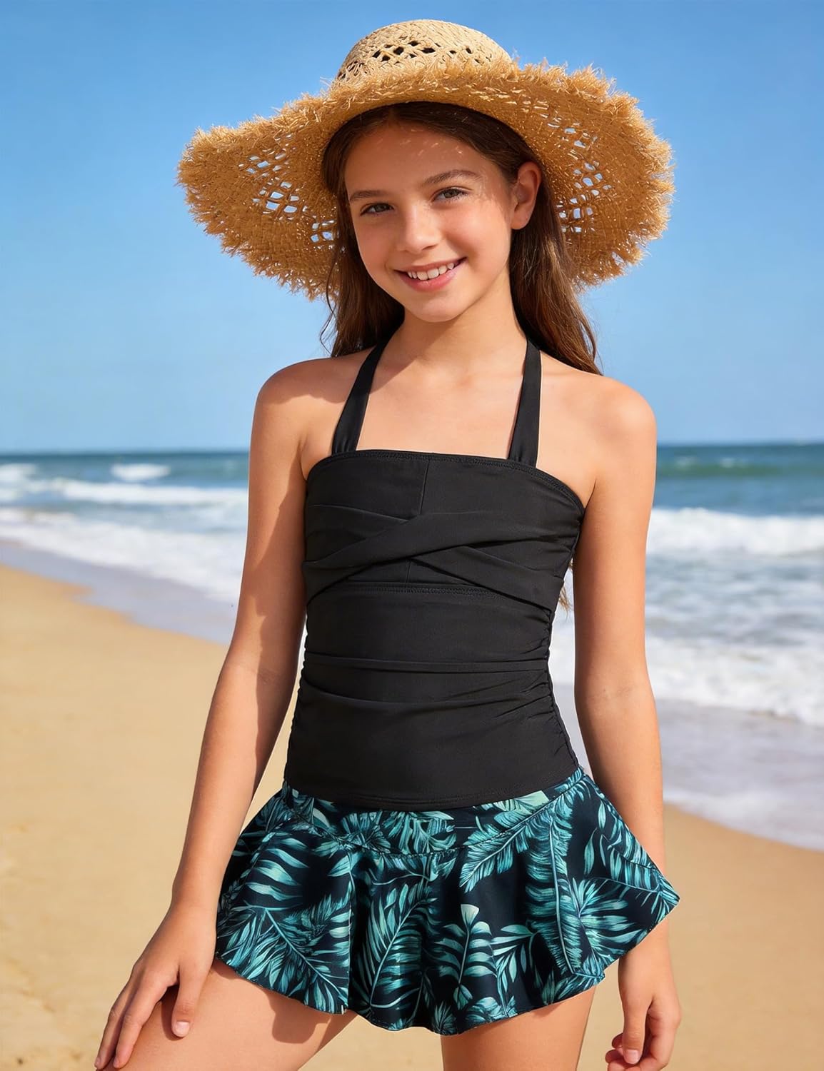 Girls Swimsuit Tropical Print Tankini Set with Swim Skirt Two Piece Criss Cross Bathing Suits for Girls 7-16 Years