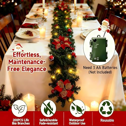 Miniatura 2 de Guirnalda de Navidad de 9 pies con luces, guirnalda preiluminada a pilas con racimos de bayas rojas, bolas y flores, luces LED blancas, para