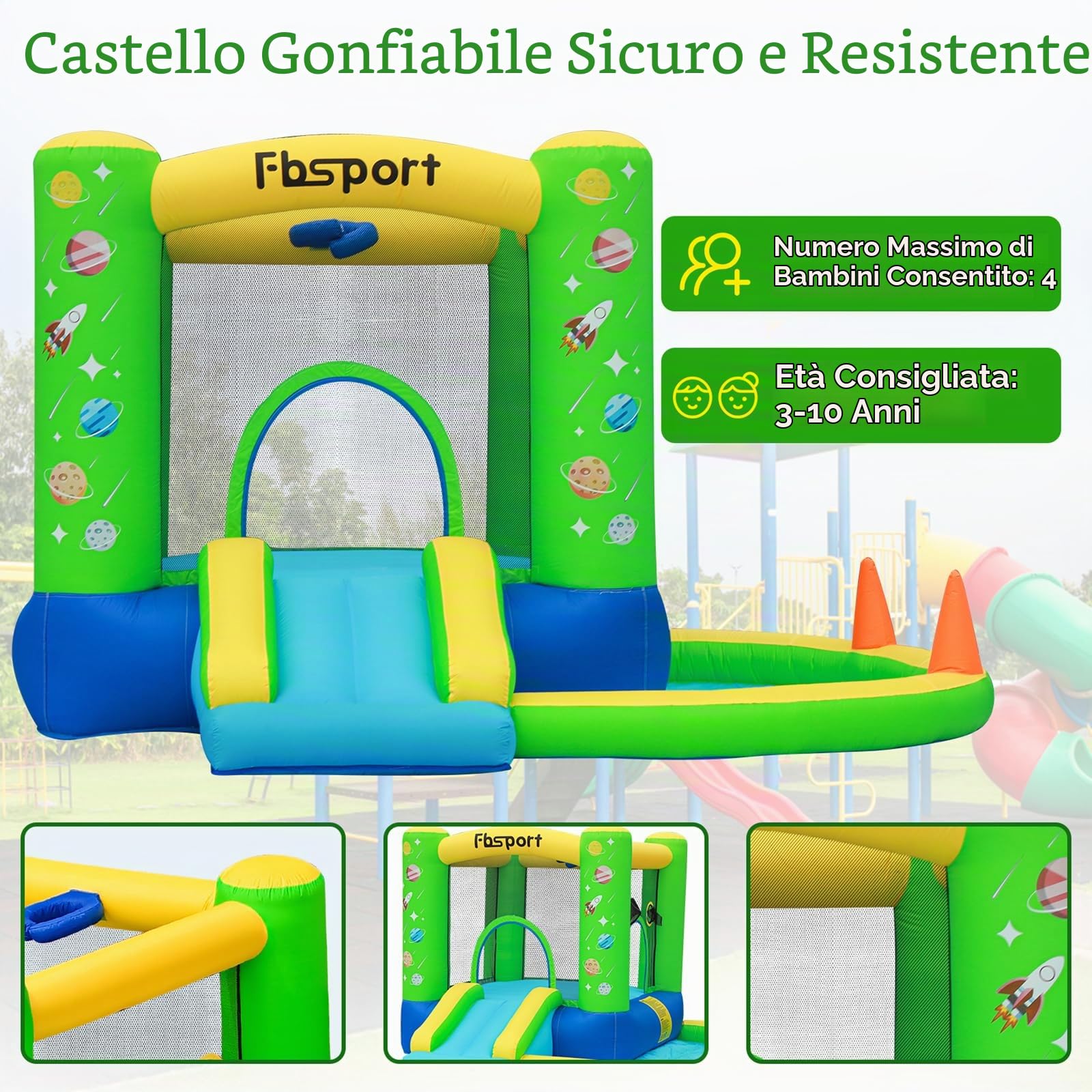 FBSPORT Castello Gonfiabile per Bambini con Ventilatore Piscina Gonfiabile con Scivolo Trampolino Piscina, Piscina di Palline oceaniche Parco Acquatico per Bambini