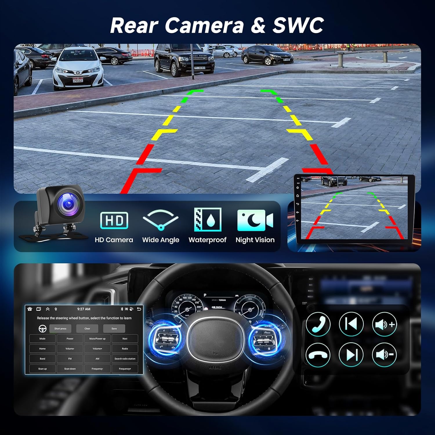 Image showing the rear camera view on the car stereo screen with parking guidelines, and a separate image of the steering wheel control interface.