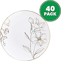 Vista 17 de Plasticpro - Platos de fiesta con diseño floral de plástico blanco con borde dorado, platos desechables pesados, elegantes y de alta calidad