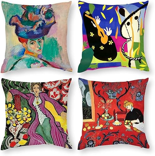HOSTECCO Juego de 4 fundas de almohada artísticas de 18 x 18 pulgadas, fundas de almohada decorativas de Henri Matisse con diseño de Harmony in Red