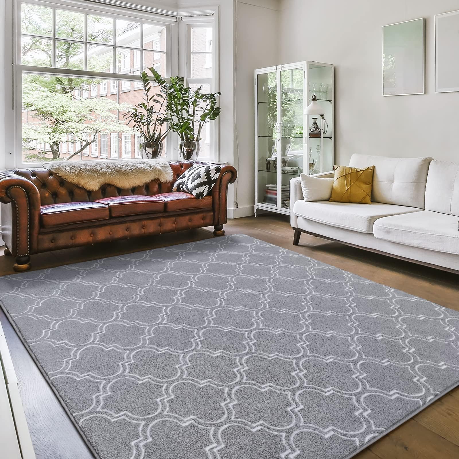 Amearea Fluffy Moroccan Trellis Rug, Soft Fuzzy Geometry Rugs for Living Room, Shaggy Modern Area Rug for Bedroom Kids Room Dorm, Easy Clean, Boho Farmhouse Decor Low Pile Carpet, Light Gray 6x9 Feet