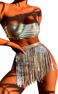 EVELUST Rave Outfits for Women 3 Piece Bikini Set Tassels Skirt Metallic Swimsuit Bandeau Top Bathing Suits for Festival
