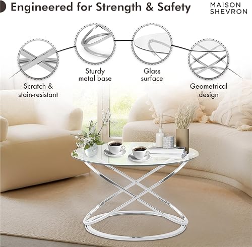 Miniatura 4 de Moderna mesa de centro redonda de cristal plateado, parte superior de vidrio templado de 26.7 pulgadas y base de patas cruzadas cromadas de lujo,