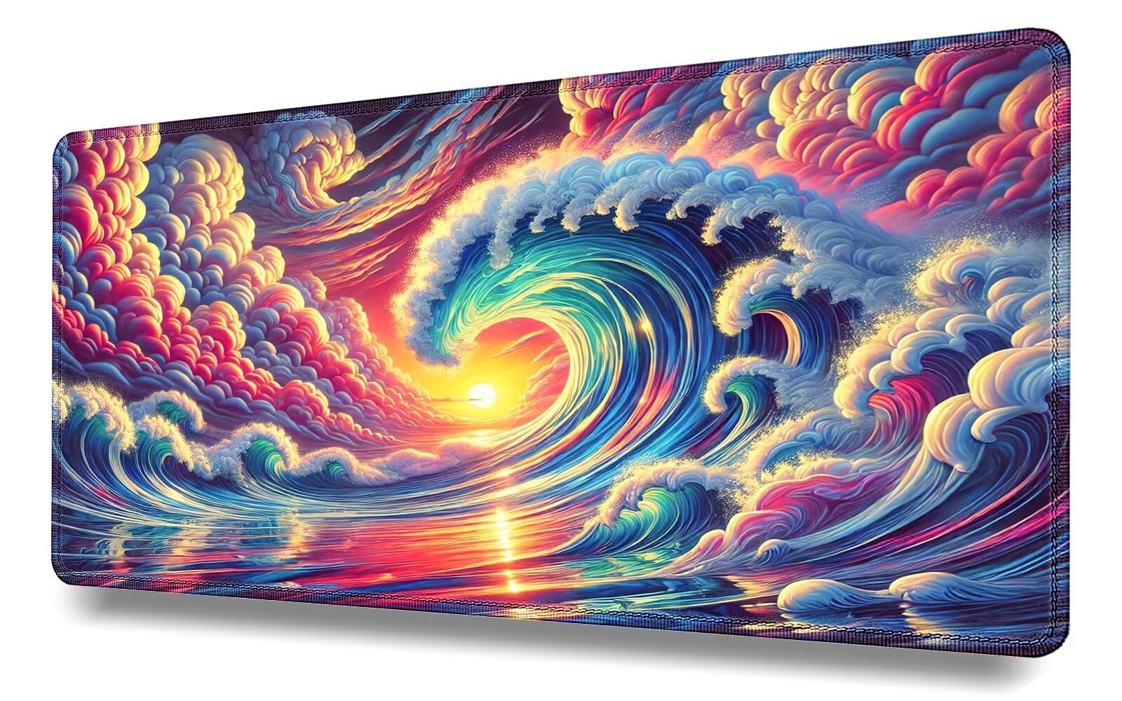 Alfombrilla de ratón XXL 1200x600x3mm -Mouse Pad Gaming -para Precisión y Velocidad en Juegos -con Bordes cosidos -Superficie Especial -Accesorios de Oficina -Antideslizante -Ola Gigante y Atardecer
