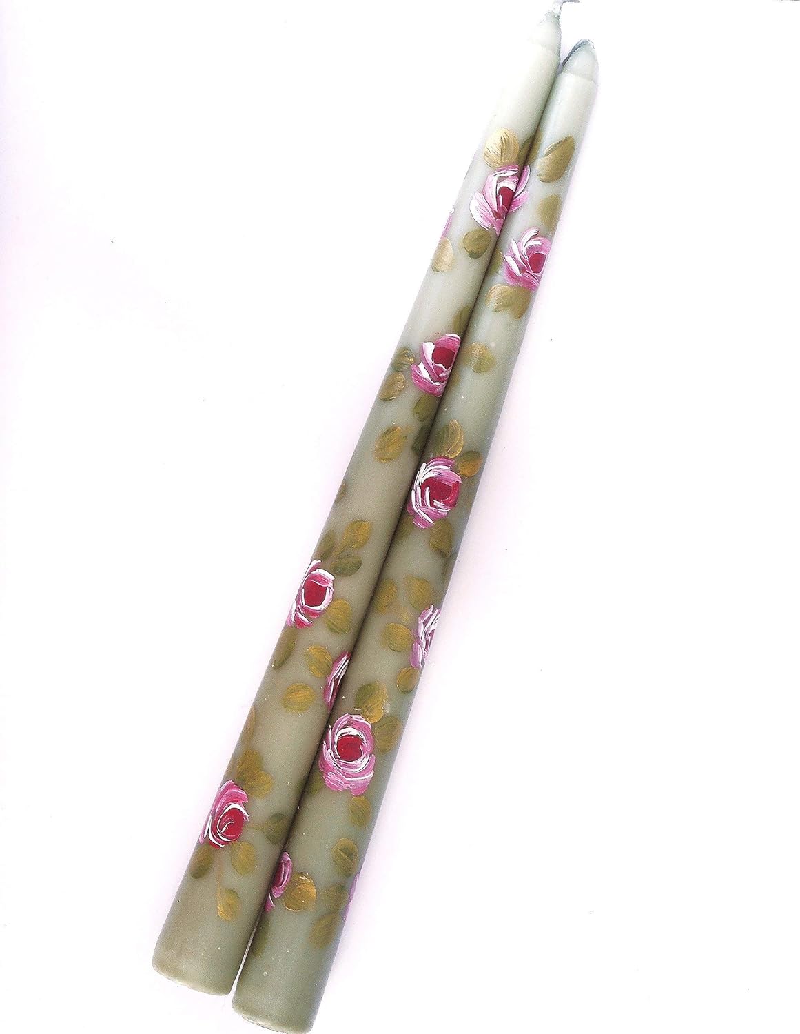 Pretty Dripless Unscented Olive Sage Green 10 Inch Long Taper Dinner Candles Set with Artist Hand Painted Pink Roses Romantic Shabby Chic Floral Tapered Candlesticks Floral Home Decor