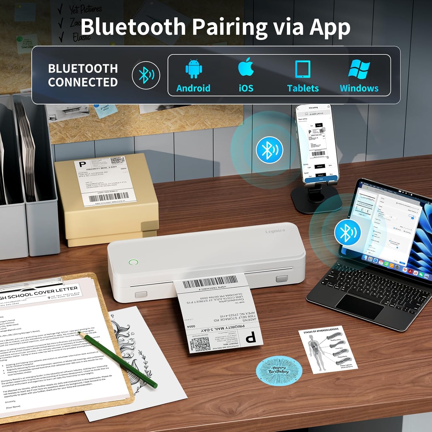 Portable Thermal Printer with 6 Rolls Multi-Size Paper, Bluetooth Inkless Printer Compatible with iOS, Android, Laptop, Used for Travel, Office, Home(White)