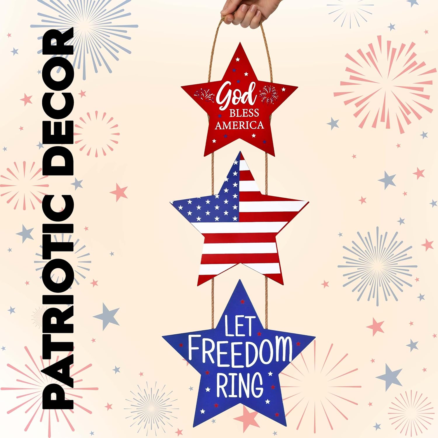 4th of July Patriotic Decorations Wooden Hanging Star Sign Red White Blue Americana Wall Door Decor for Memorial Day Independence Day Porch Indoor Home Decor