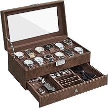 SONGMICS JWB012K01 Watch Box, Watch Box, Glass Lid, 2 Tiers, 12 Watches, Lockable, 1 Drawer, Gift Idea, PU Brown, Brown Lining
