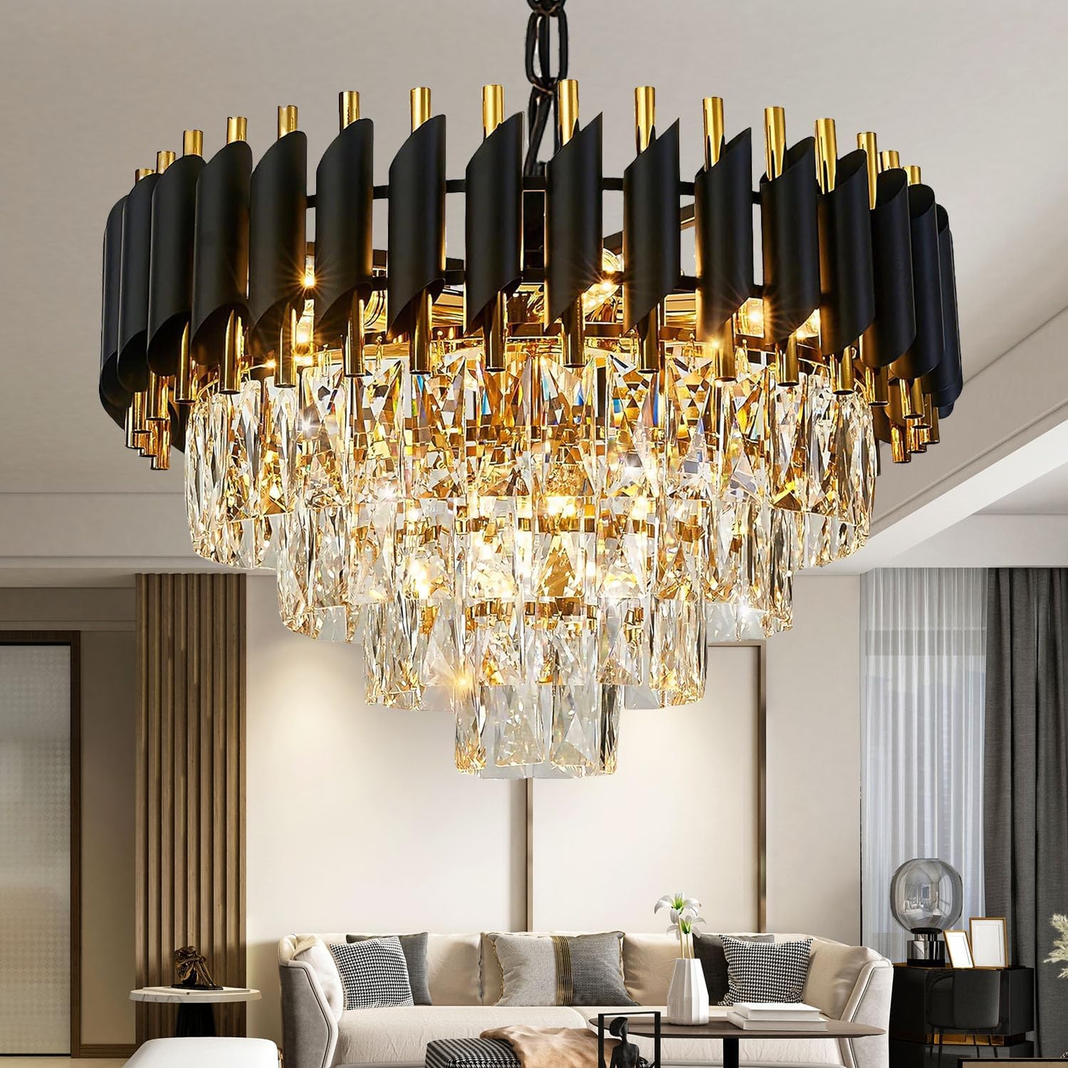Black Gold Crystal Chandelier Contemporary 20" Modern Living Room Chandeliers K9 Crystal Ceiling Lights Fixtures, Round 4 Tiers Pendant Lighting Black for Entryway Dining Room Staircase