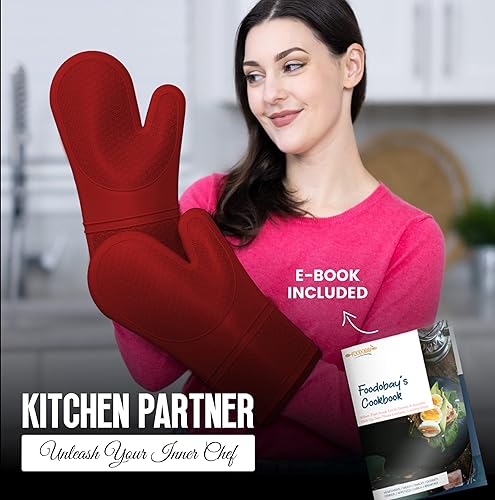 Miniatura 7 de Manoplas de horno de silicona  12.5 pulgadas, guantes de horno rojos resistentes al calor 500F  Diseño de agarre, guantes de horno de silicona con