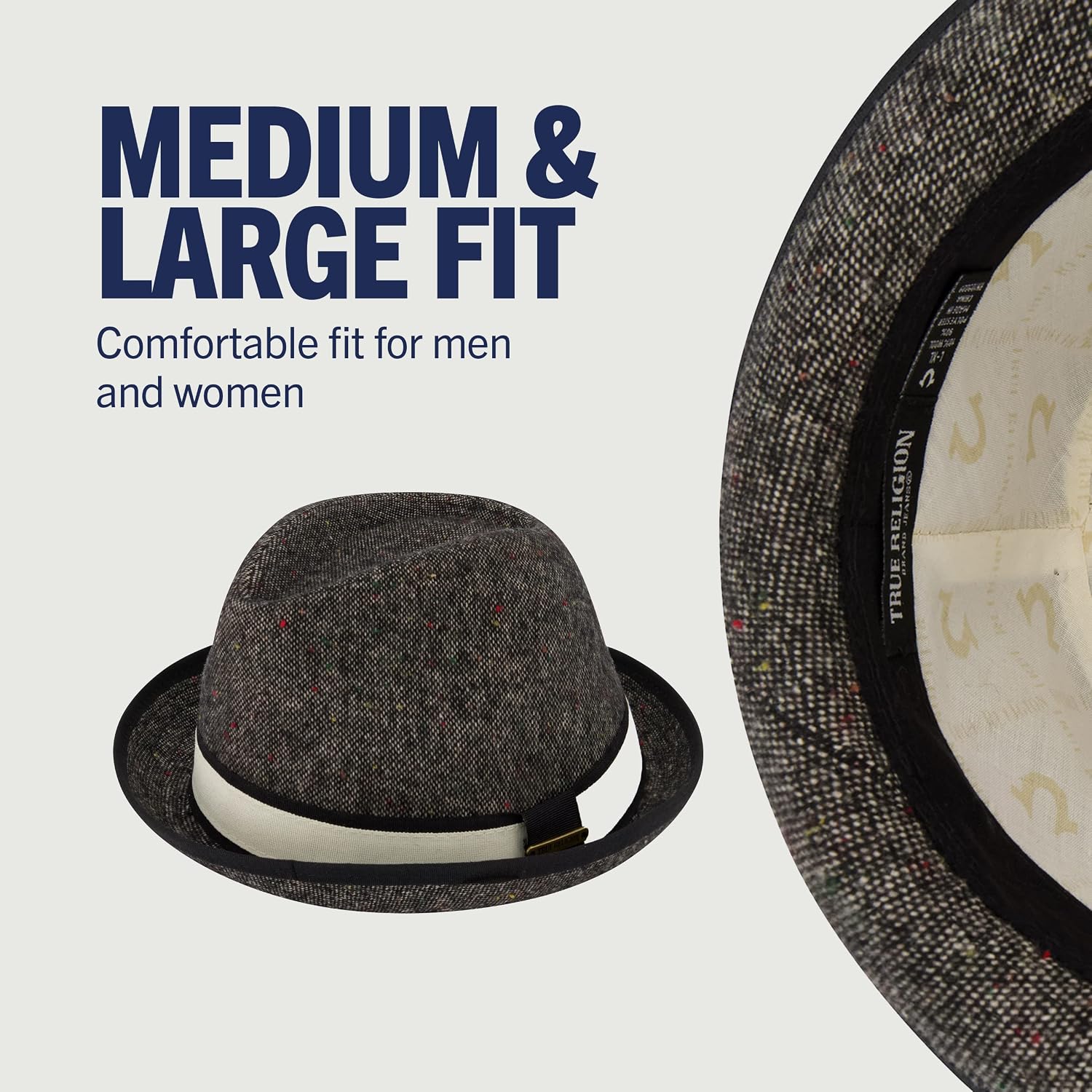 True Religion Fedora Hat, Wide Brim Fedora Fashion Hat for Men and Women, Grey