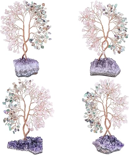Miniatura 10 de mookaitedecor Árbol de cristal natural de cuarzo rosa y aguamarina con base de racimo de amatista, adorno de árbol de la vida para decoración de