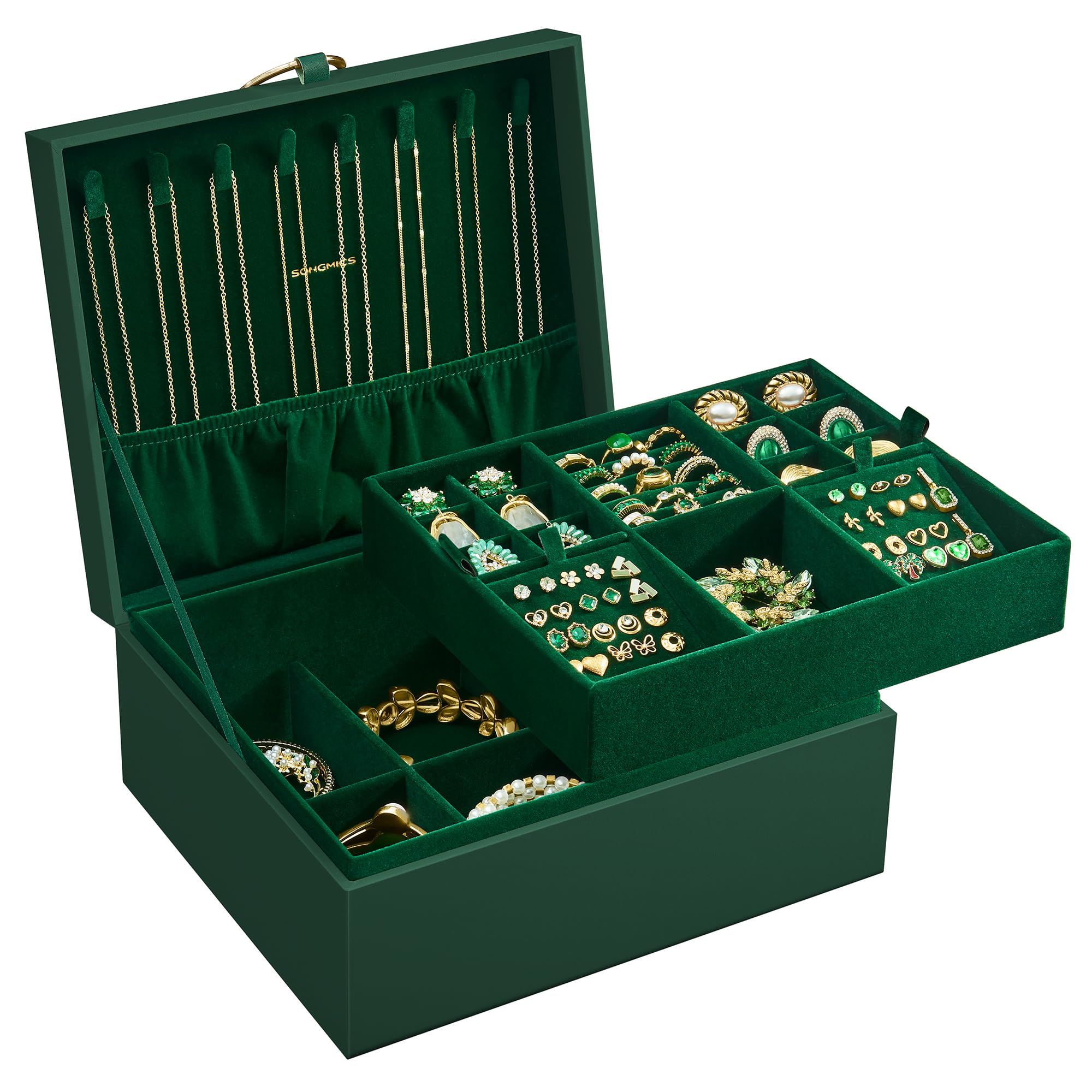 SONGMICS 2-Layer Jewellery Box, Jewellery Organiser with Handle, Removable Jewellery Tray, Jewellery Storage, Floating Effect, 20.5 x 24 x 11 cm, Gift Idea, Forest Green JBC165C01