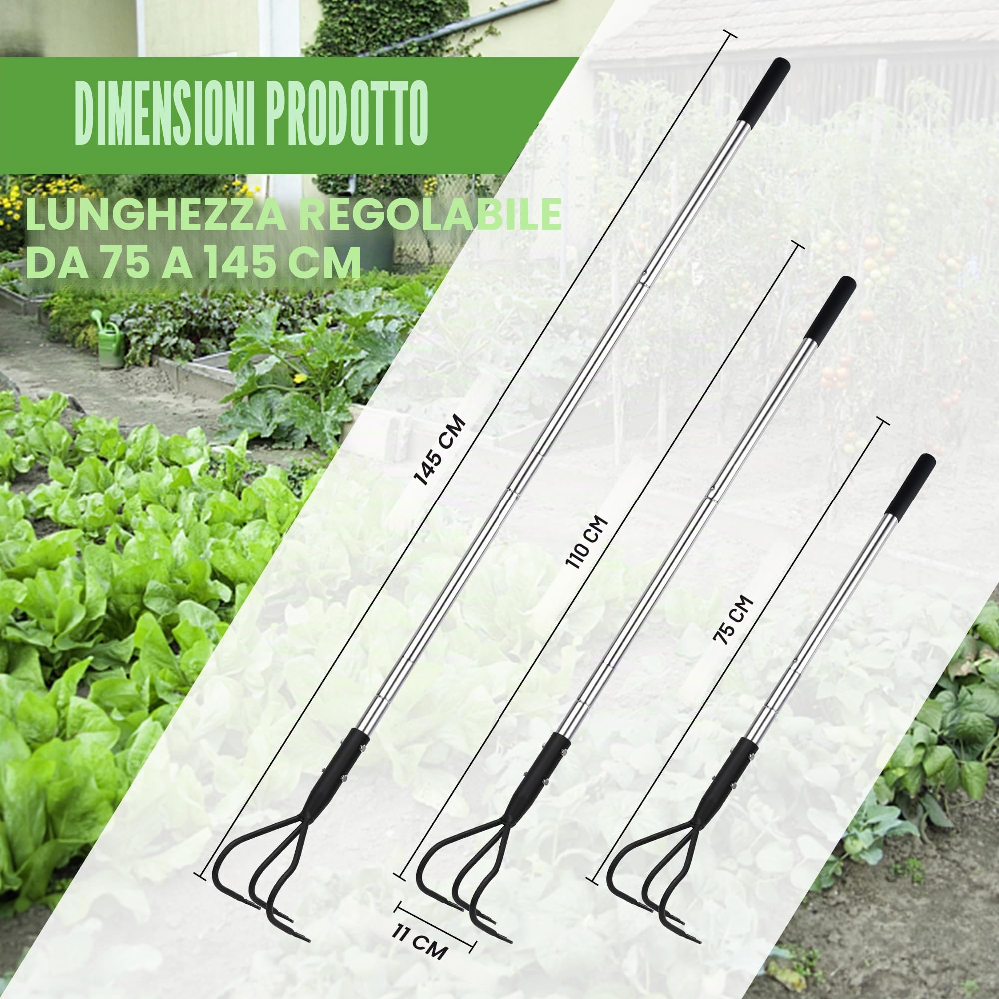 YEELOR Coltivatore multifunzionale a 3 rebbi, manico regolabile 140 cm, attrezzo da giardino