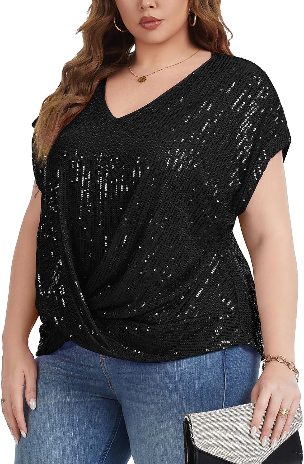 Women's Plus Size Sequin Top Short Batwing Sleeve V Neck Shirts Elegant Dressy Blouses Fully Lined Tunic Tops