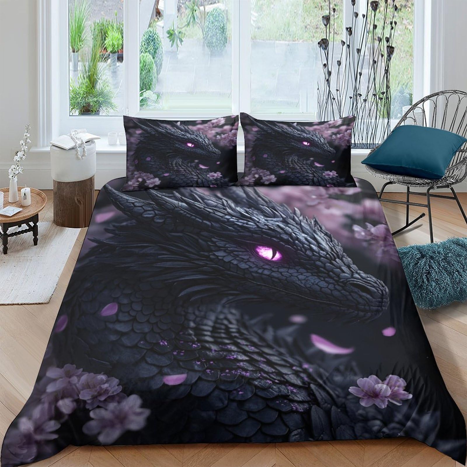 Ctjqhvkz Style-7 3D Printed Black Dragon Fitted Sheet Microfiber Soft Anti-Slip Cherry Blossom Bed Cover For Bedroom Guest Room Decor Single（135X200cm）