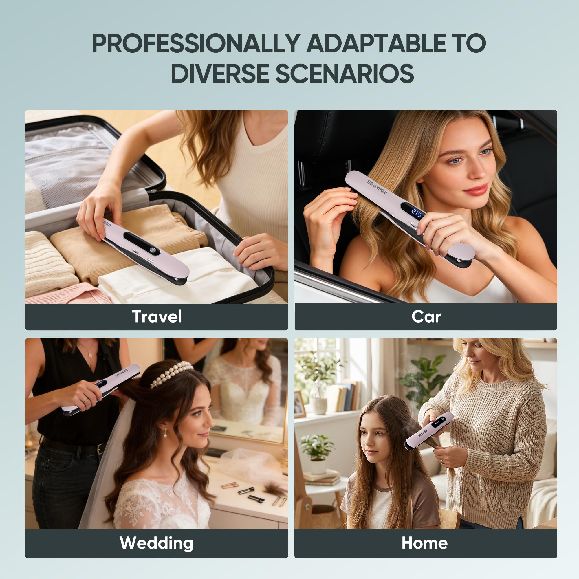 2 in 1 Mini Raddrizzatore Senza Fili e Ricciolo per Capelli, 175℃-215℃ Portatile Piastra per Capelli Senza Fili, 5000mAh Piastra Capelli da Viaggio con Display LED für alle Haartypen(Rosa)
