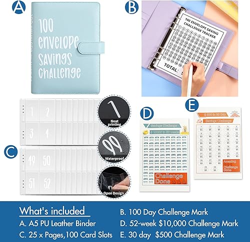 Miniatura 3 de Carpeta de desafío de 100 sobres, libro de ahorro de dinero de 52 semanas, forma fácil y divertida de ahorrar $5,050, $10,000, $500, libro de