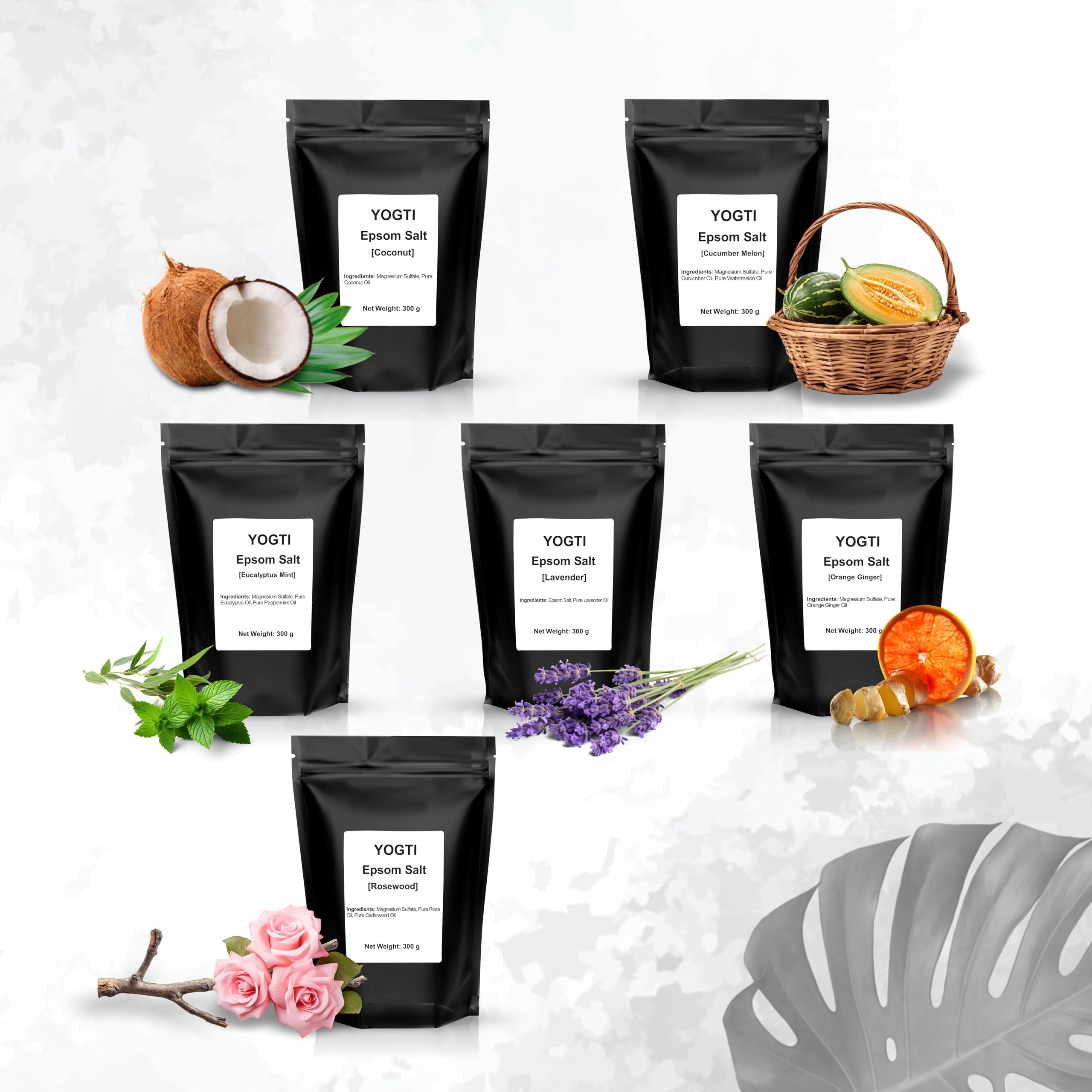 Yogti [Made in Canada] Epsom Bath Salts - 6 Pack, 1.8 Kilo - 300g each, Body and Foot Soak, - Made with Unique Oils Eucalpytus Mint, Rosewood, Cucumber Melon, Coconut, Orange Ginger and Lavender - 1 Set