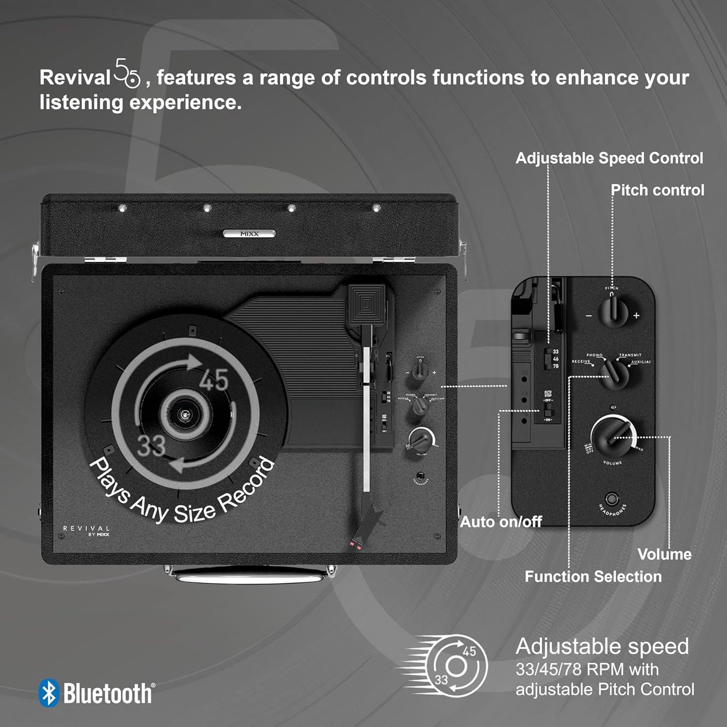 Mixx Revival 55 Portable Suitcase Vinyl Record Player with Built-in Stereo Speakers, Bluetooth Input & Output, 33 1/3 & 45 RPM Speeds with Adapter, Retro Style, AC Adapter