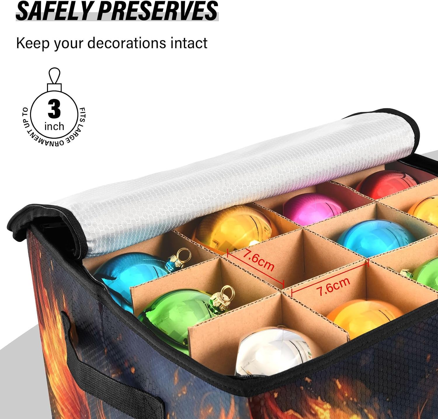Fire Phoenix 13 Inch Christmas Ornament Storage Box with Lid - Holiday Decor Storage Containers, Stores 64 Ornaments, 3 Inch Cube Compartments