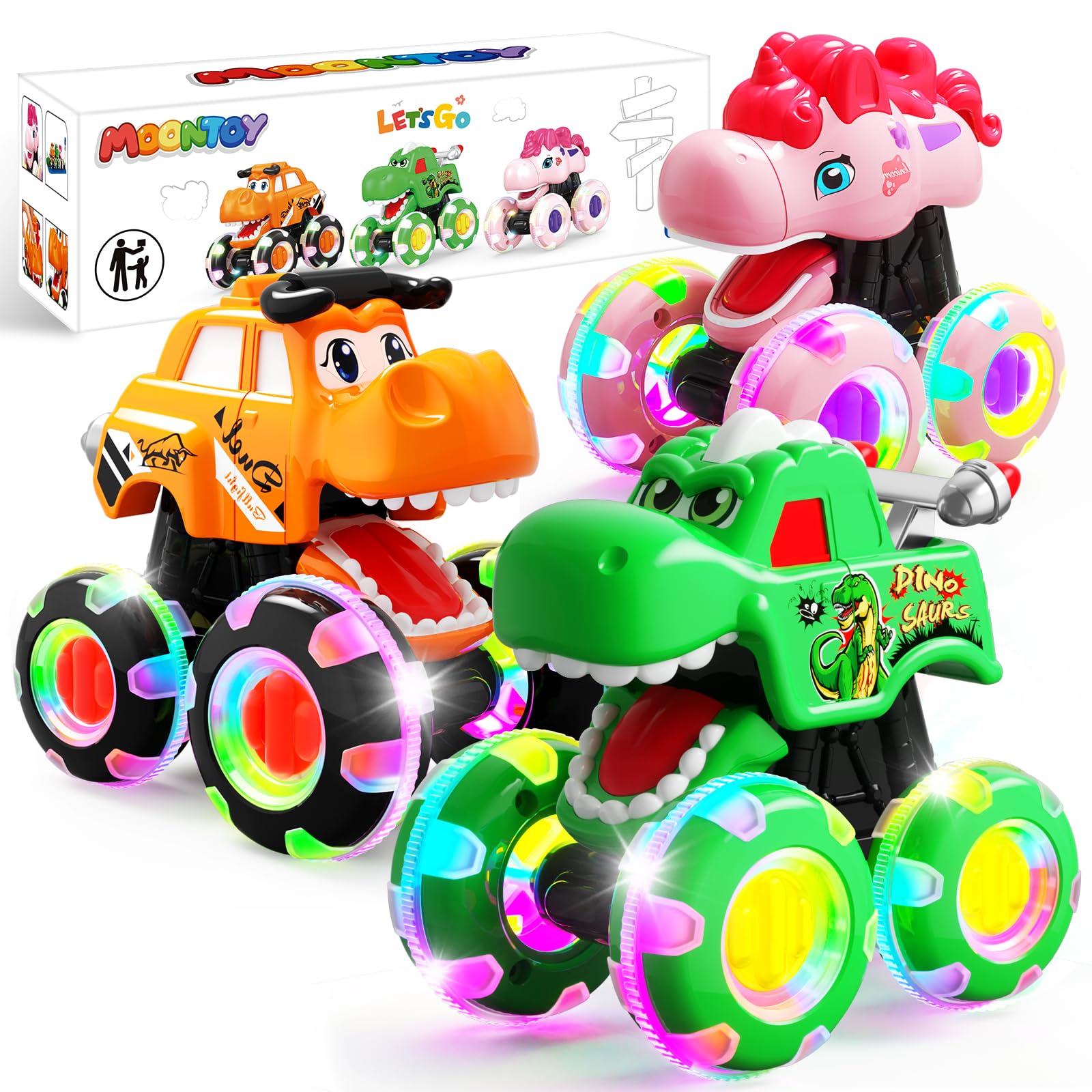 MOONTOY Monster Truck Toys for Toddler, Press & Go Car with Light Up Wheels