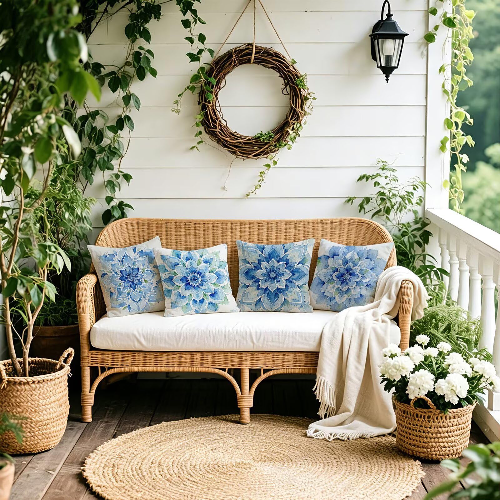Blu Federe Cuscini Divano 40x40cm, Cuscini da Esterno Set de 4, Cod-145 | Velour Copricuscini Decorativi Letto Arredo, per Letto, Soggiorno, Giardino, Esterno, Casa Decorazione Set di 4 Mandala